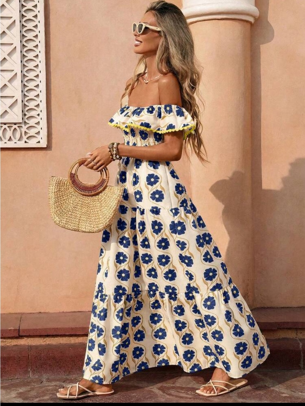 Smocked Off-Shoulder Floral Maxi Dress in White and Blue - Picture 4 of 4
